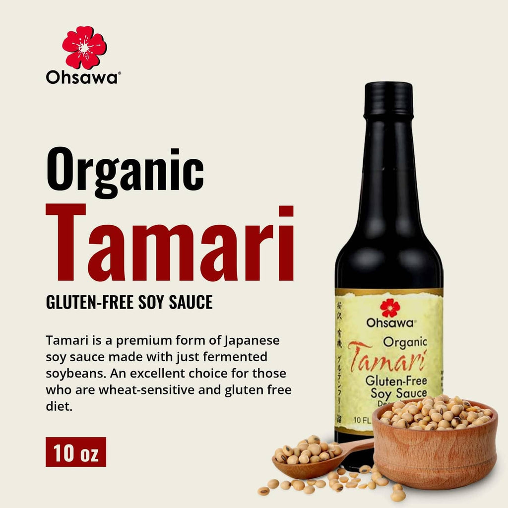 Organic tamari sauce bottle with gluten-free label, 10 fl oz