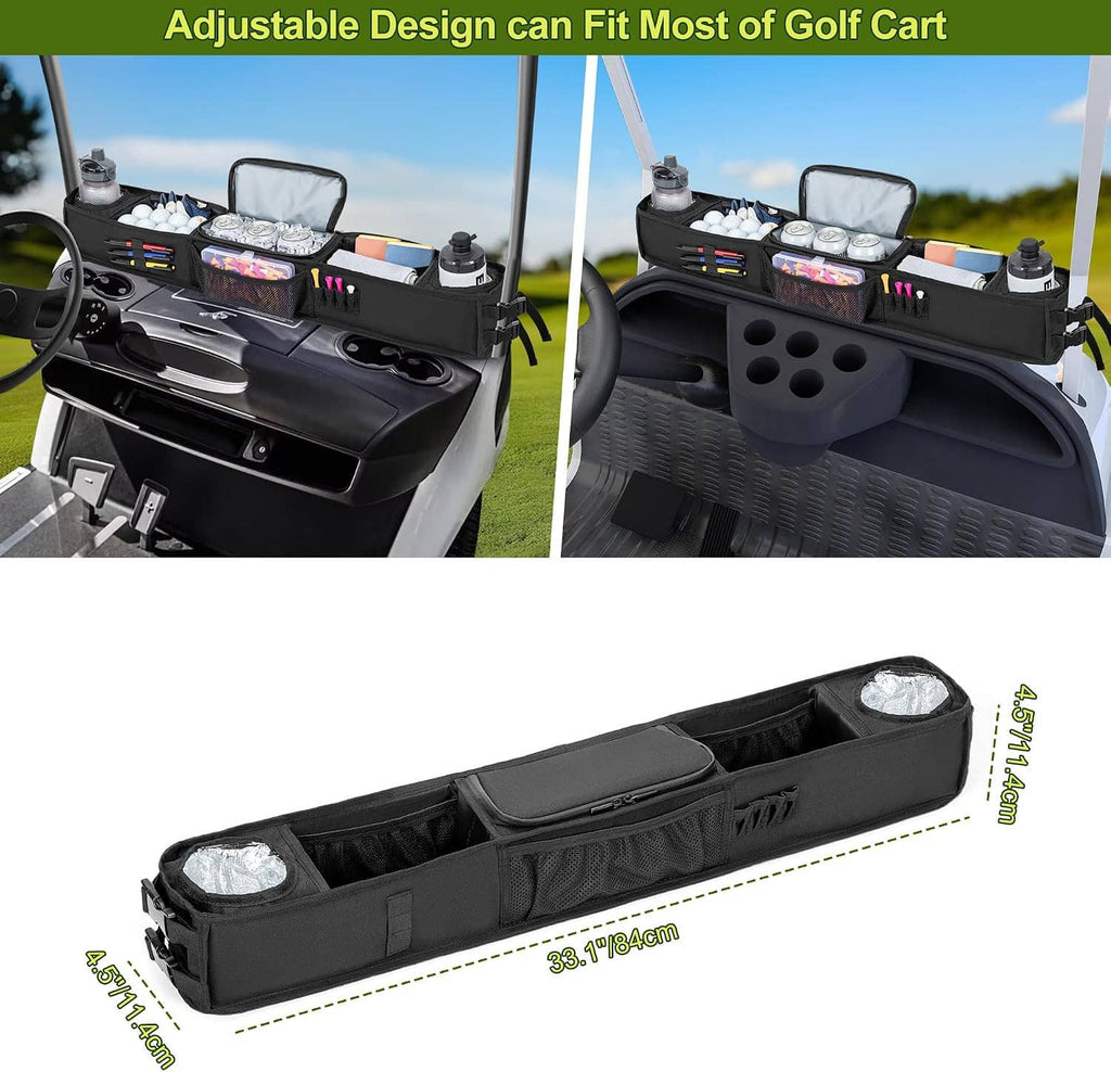 Adjustable black front golf cart storage basket with cooler compartment and cup holder area