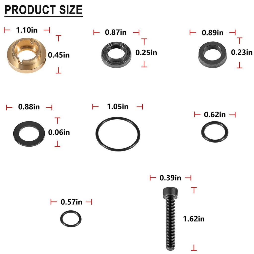Pressure washer seal kit size chart showing O-ring and bolt dimensions