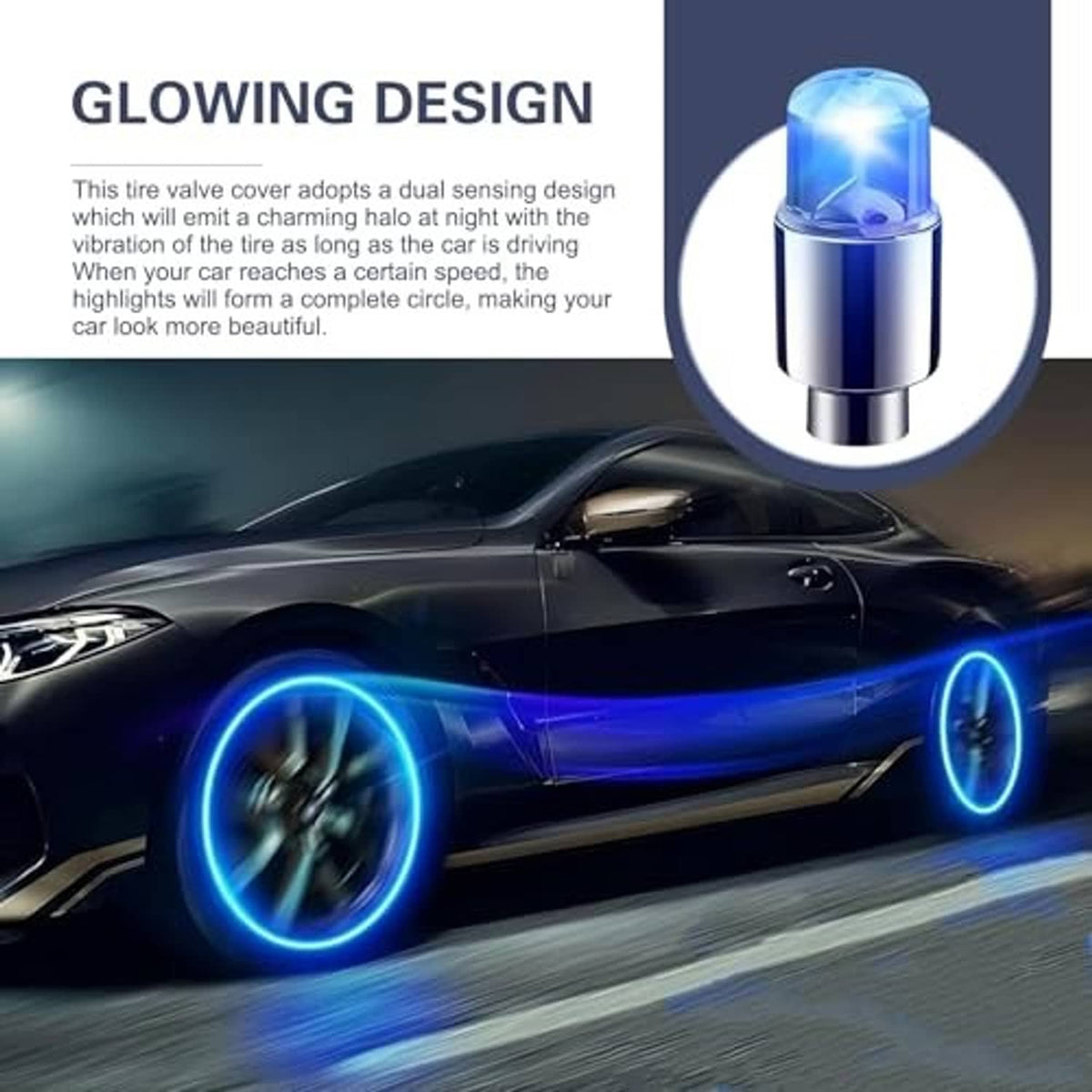 Glowing blue LED tire valve stem cap with chrome base and translucent top