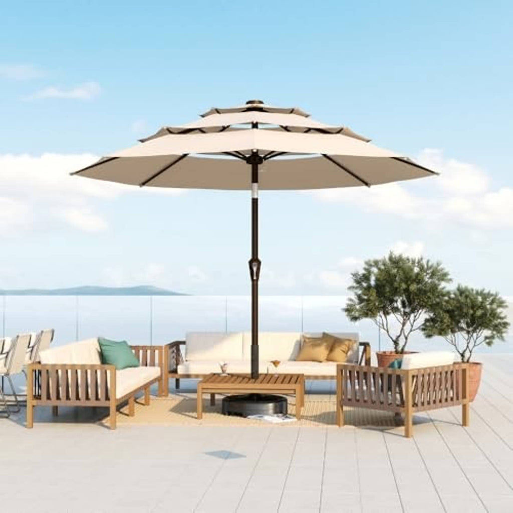 Beige 3-tier patio market umbrella on black center pole, open canopy