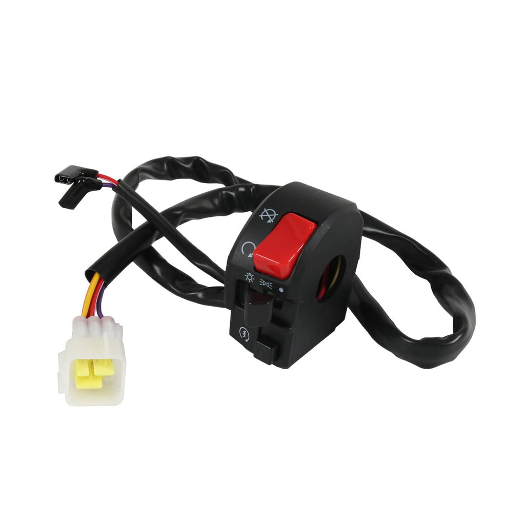 Motorcycle handlebar switch module with large red switch and wiring harness