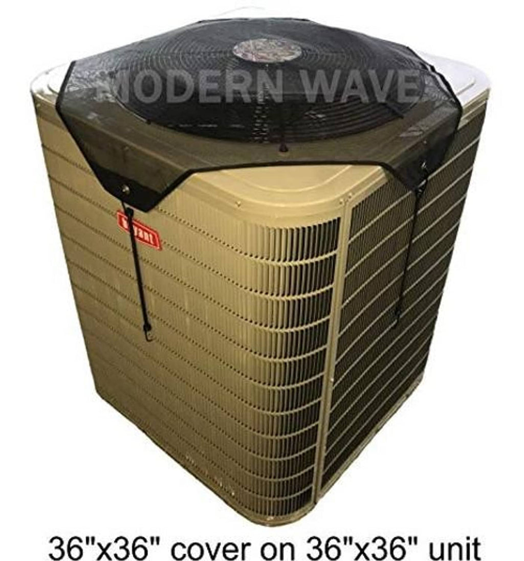 Outside AC unit cover on tan condenser with dark top mesh and secured edges