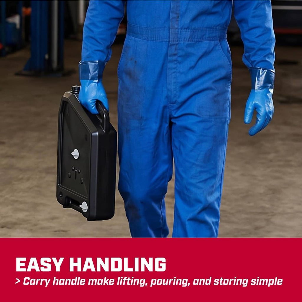 Low-profile black oil drain pan with carry handle, carried upright