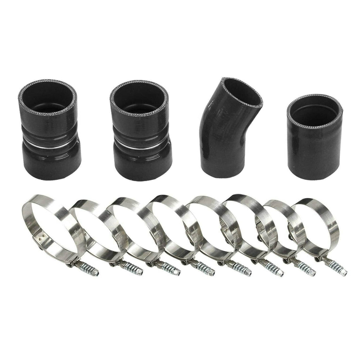 Four black intercooler couplers and multiple stainless worm clamps