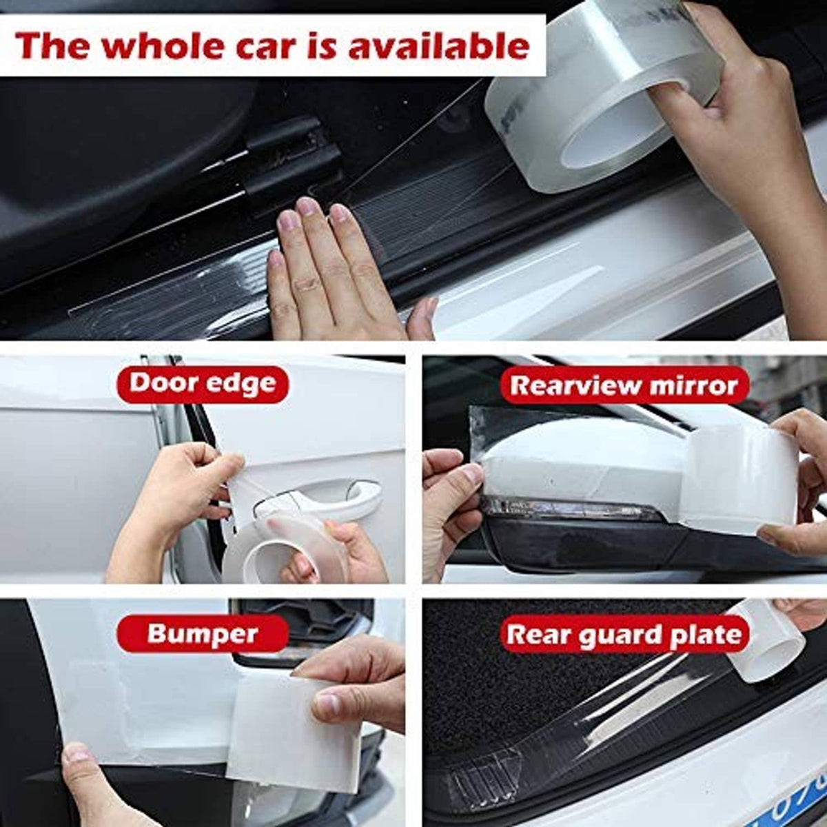 Clear car protector film applied to door edge, bumper, rearview mirror, and rear guard plate