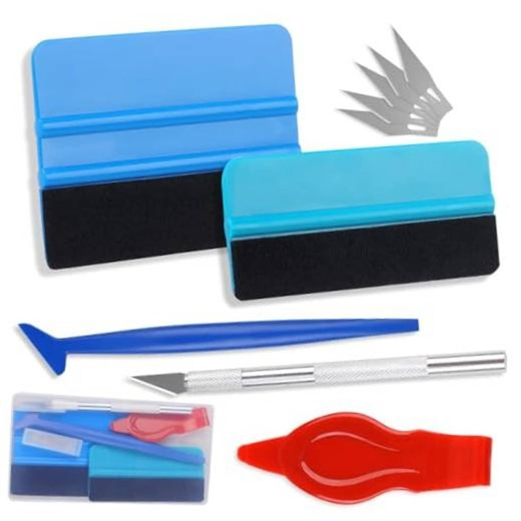 Window tint tools kit with blue squeegees, red applicator, and metal cutting handle