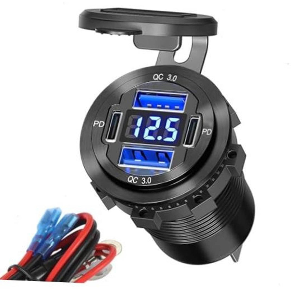 Dual USB car charger socket with blue LED voltage display, black metal body