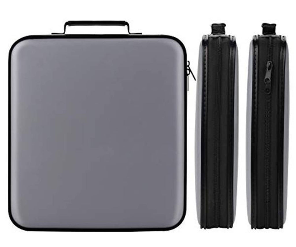 Grey DVD/CD storage case with black zipper; shows two side compartments and handle.