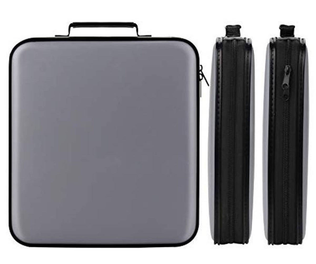 Grey DVD/CD storage case with black zipper; shows two side compartments and handle.