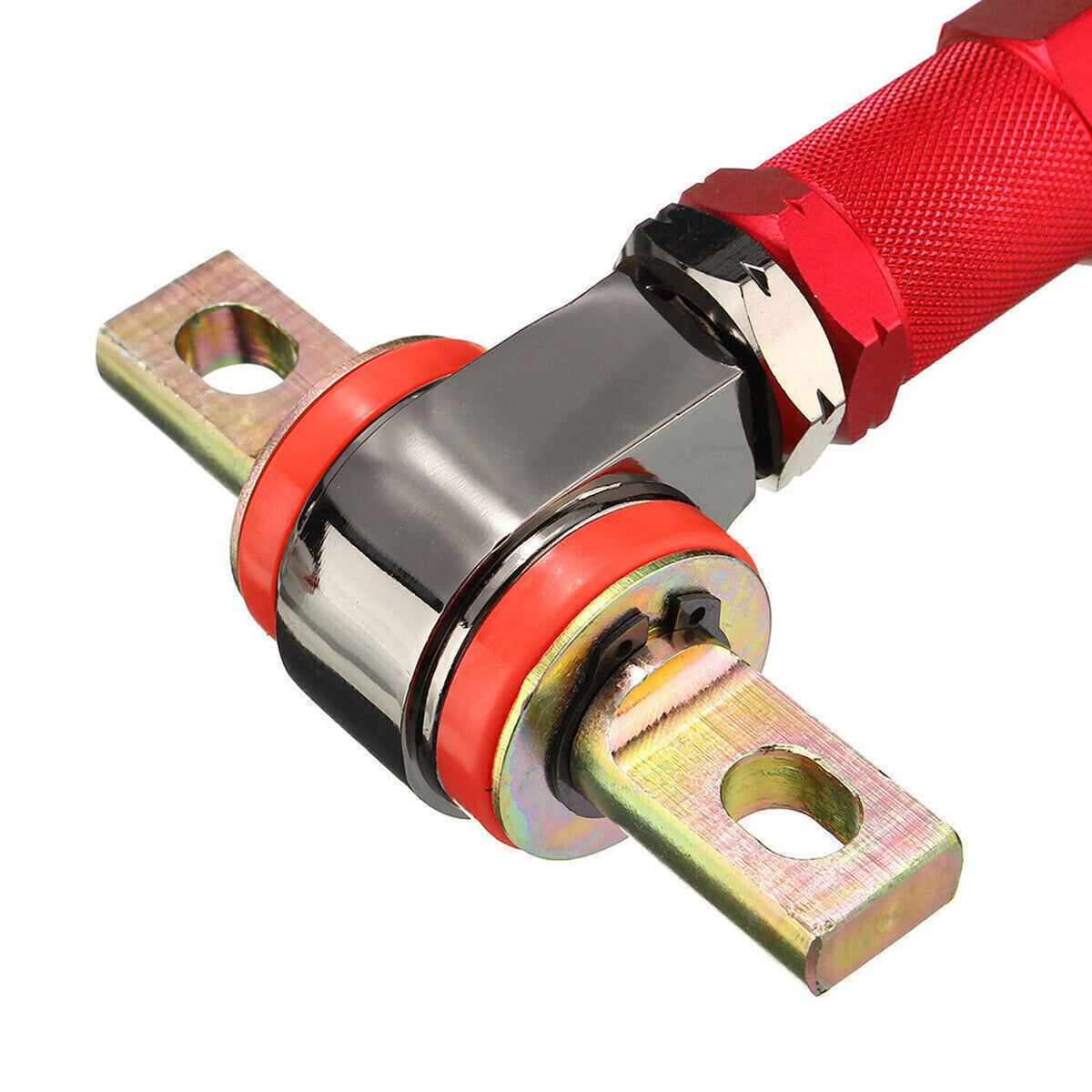 Metal clevis end with bronze mounting holes and red/black bushing on camber control arm rod.