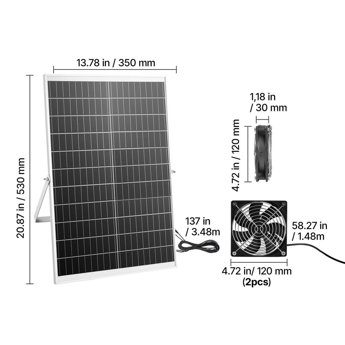 Diagram of solar panel and dual fan unit dimensions with cable set (2 pcs)