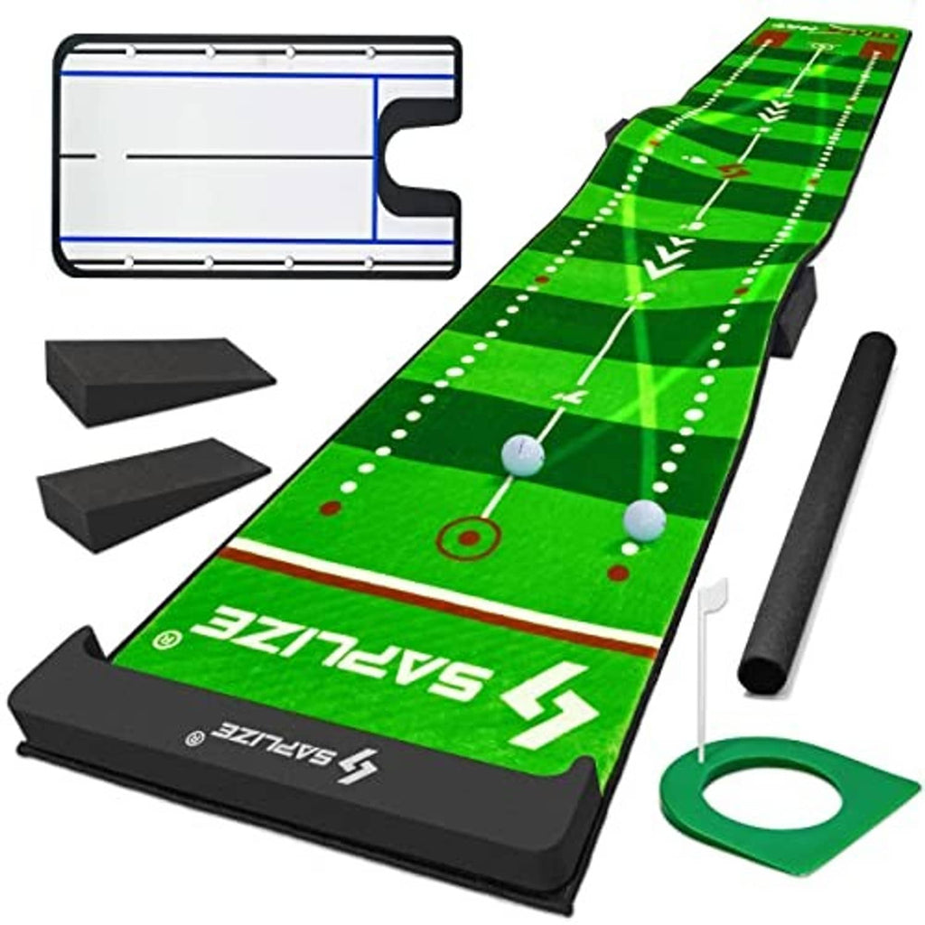 Green putting mat with dotted guides and trajectory lanes plus putting stick and accessories