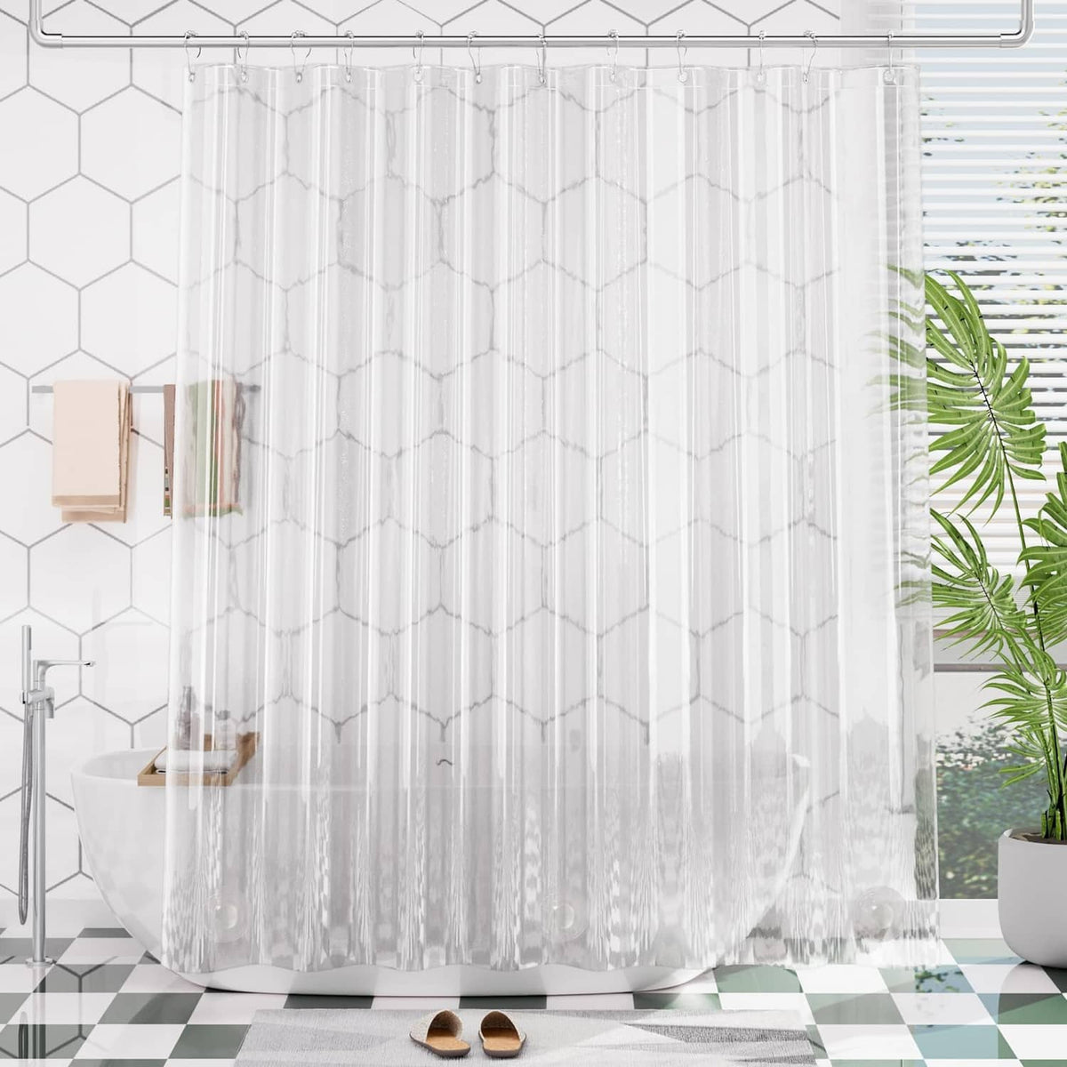 Clear plastic shower curtain liner with vertical stripes and metal grommets at top