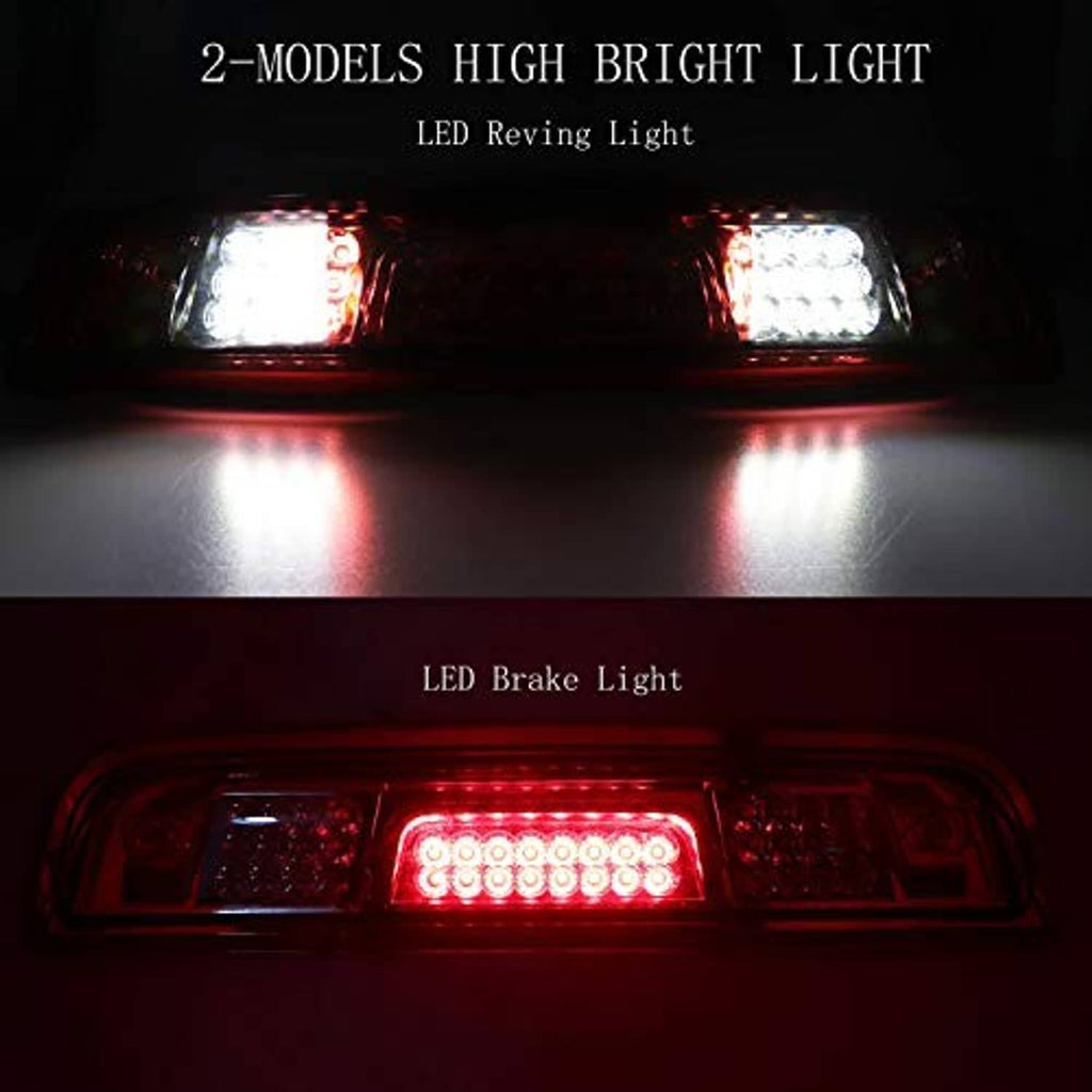 LED third brake light glowing with red center LEDs and two bright white end sections