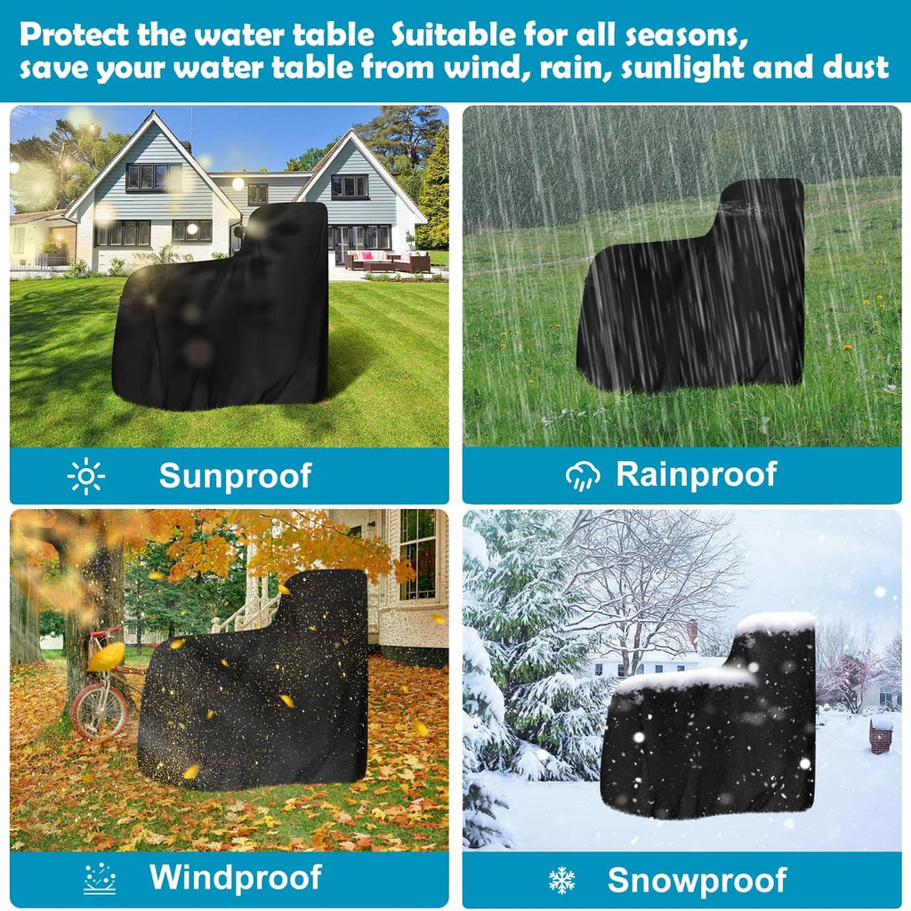 Black water table cover shown in rain and sun for outdoor protection