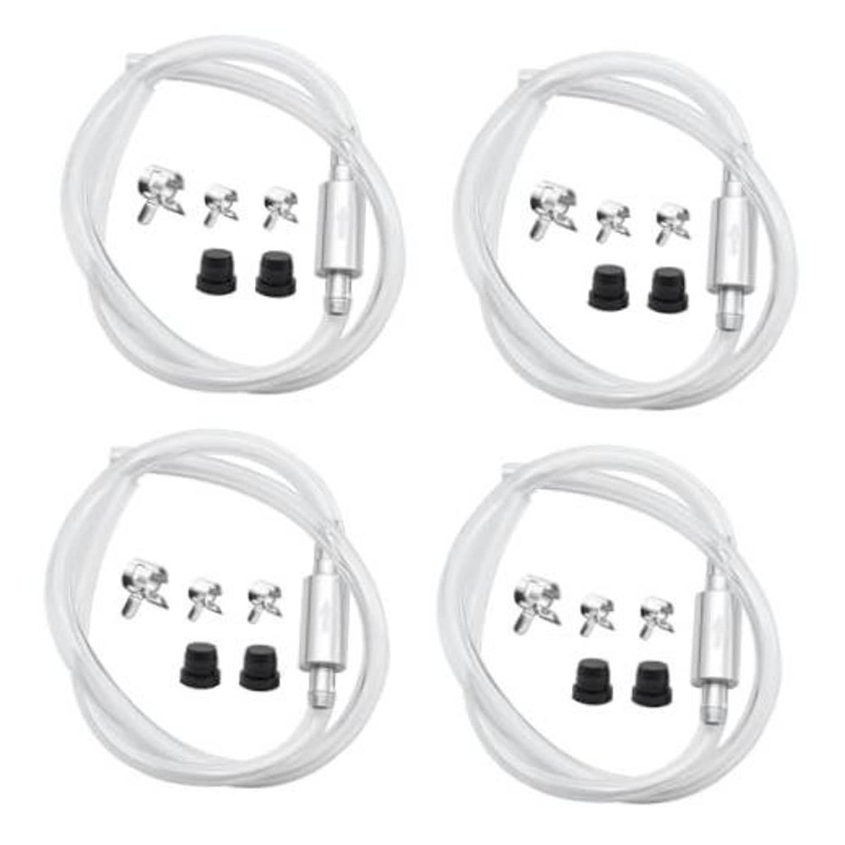 Brake bleeder hose kit with clear tubing, silver one-way check valve, black rubber caps