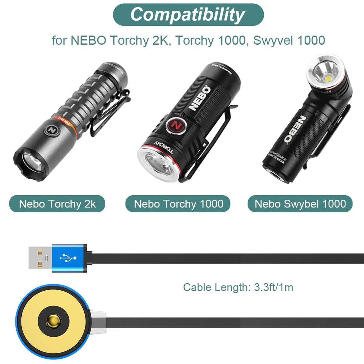 Black charger cable with blue magnetic round connector and USB-A plug