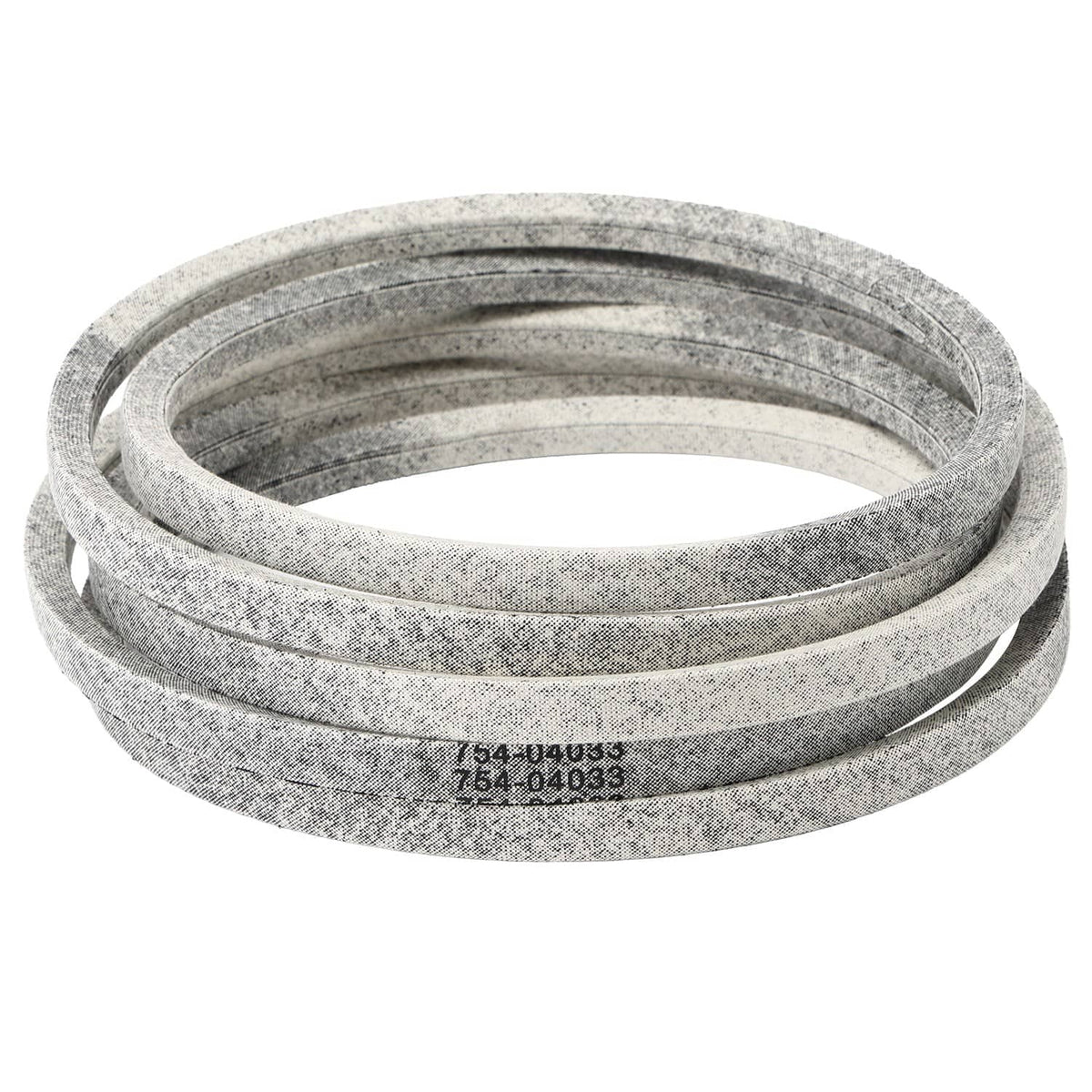 Coiled gray deck V-belt with two ribbed layers and printed part numbers