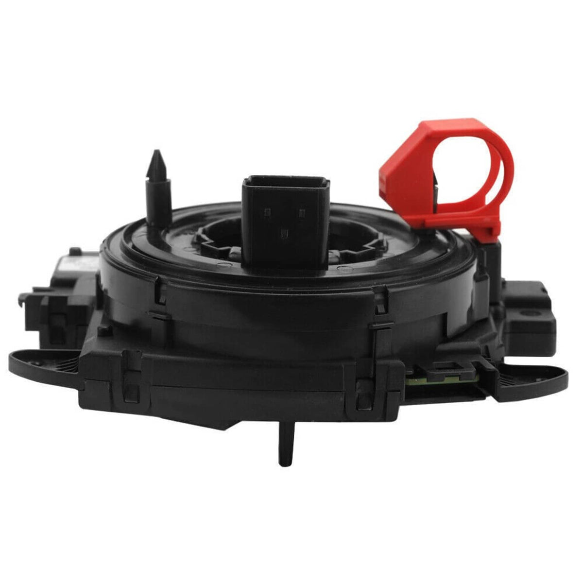 Clock spring assembly side view, black circular housing with raised red mounting clip