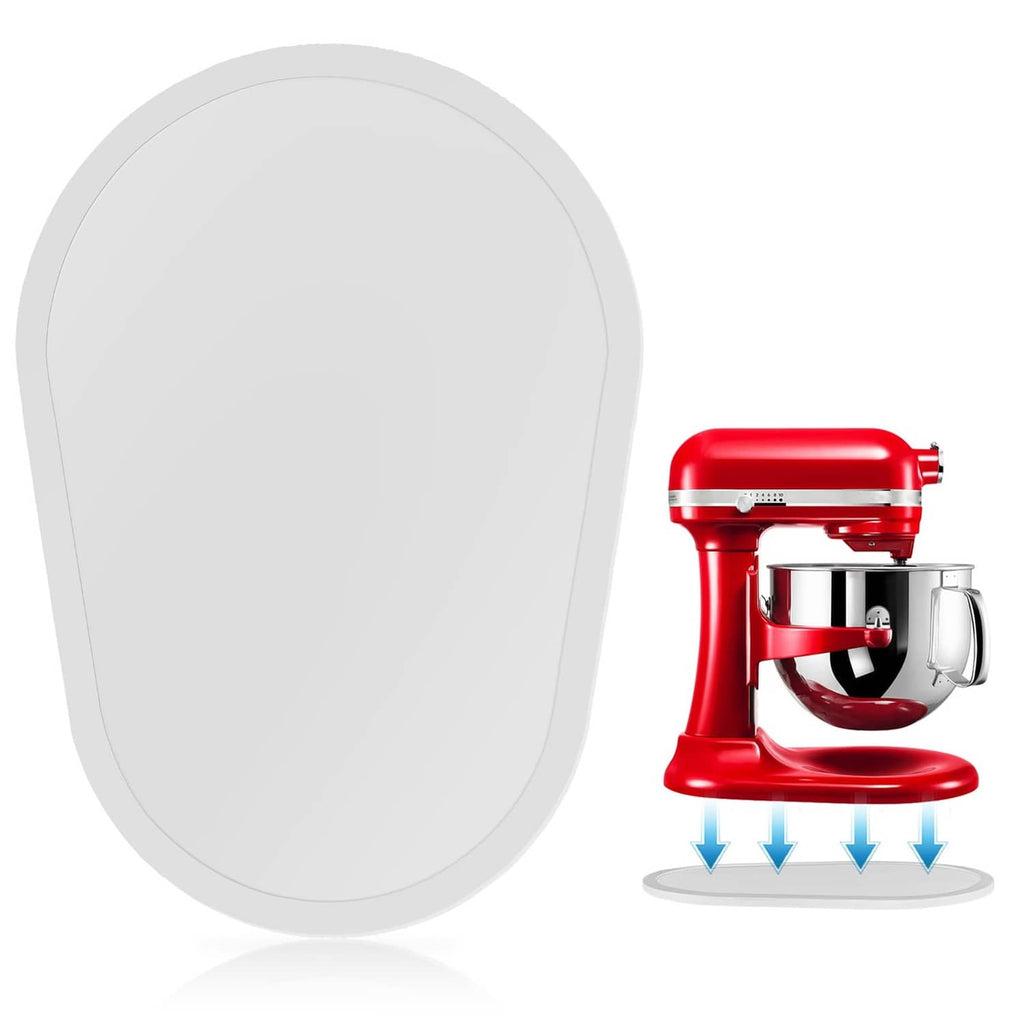 White oval bamboo mixer slider panel beside a red KitchenAid stand mixer