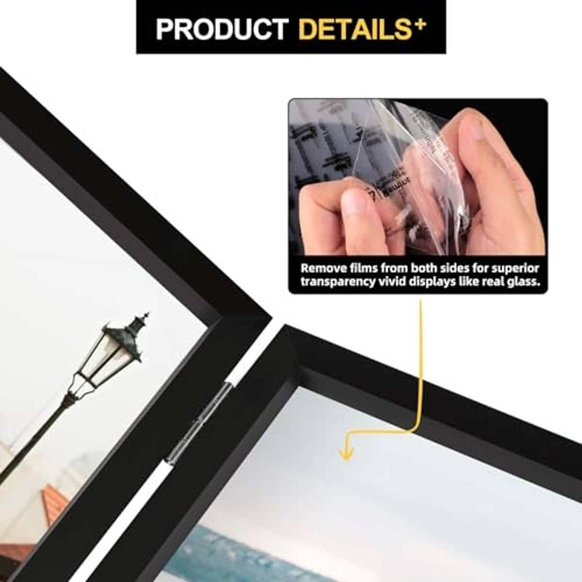 Black double hinged wooden photo frame with clear glass, protective film being removed
