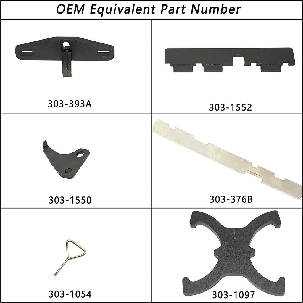 Engine timing tool plates with OEM part numbers 303-393A, 303-1552, 303-1097