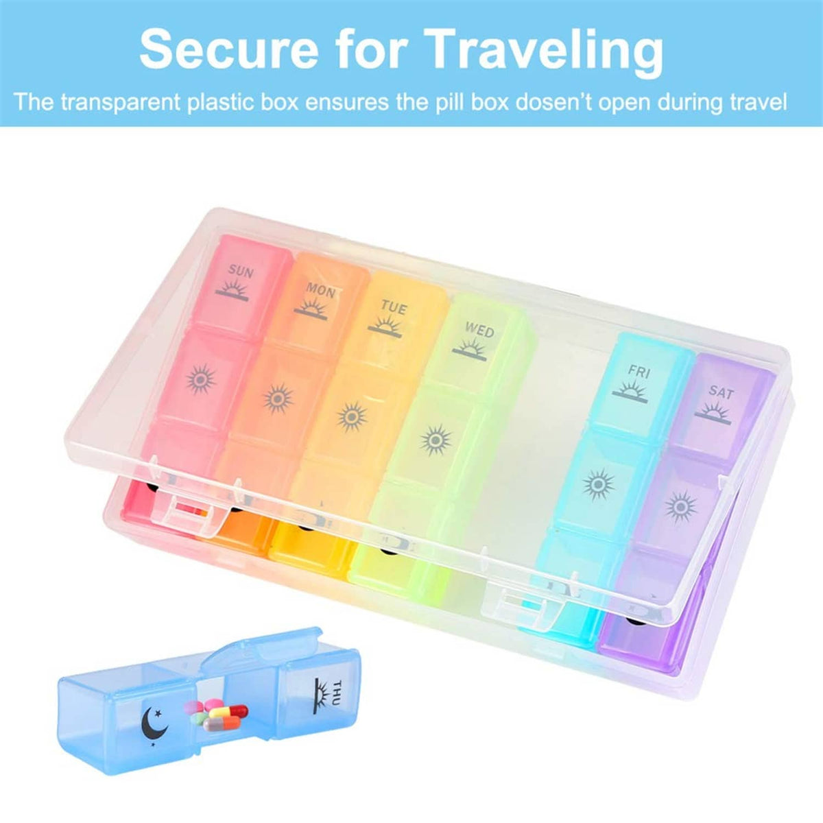 Clear weekly pill organizer with hinged lid and rainbow 7-day color compartments
