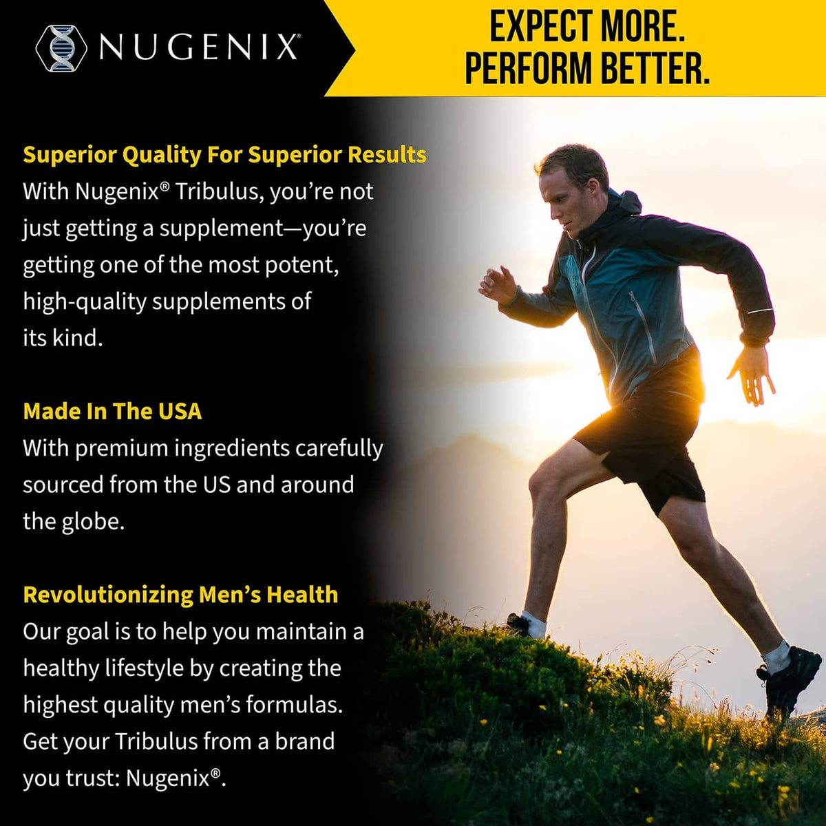 Nugenix Tribulus lifestyle promo panel with runner image and 'Made in the USA'