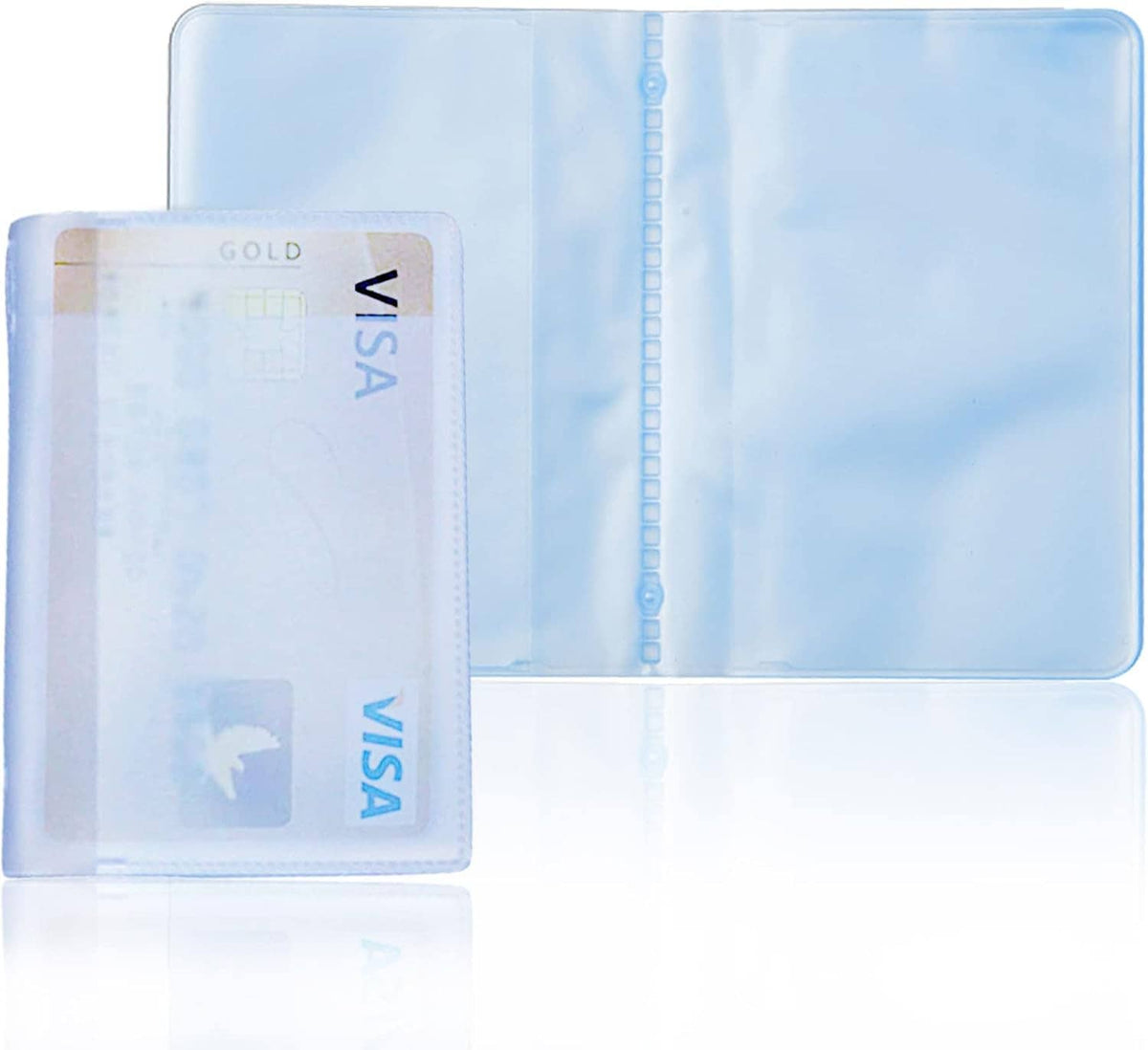 Transparent plastic credit card holder insert with card slot and blue-tinted pages