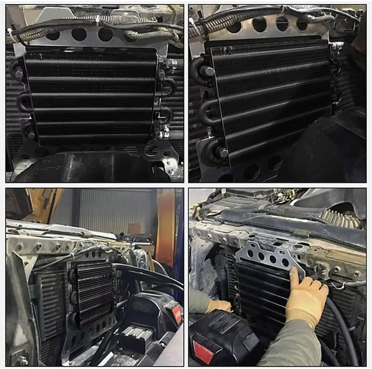Transmission oil cooler installed in engine bay with connected hoses and radiator core