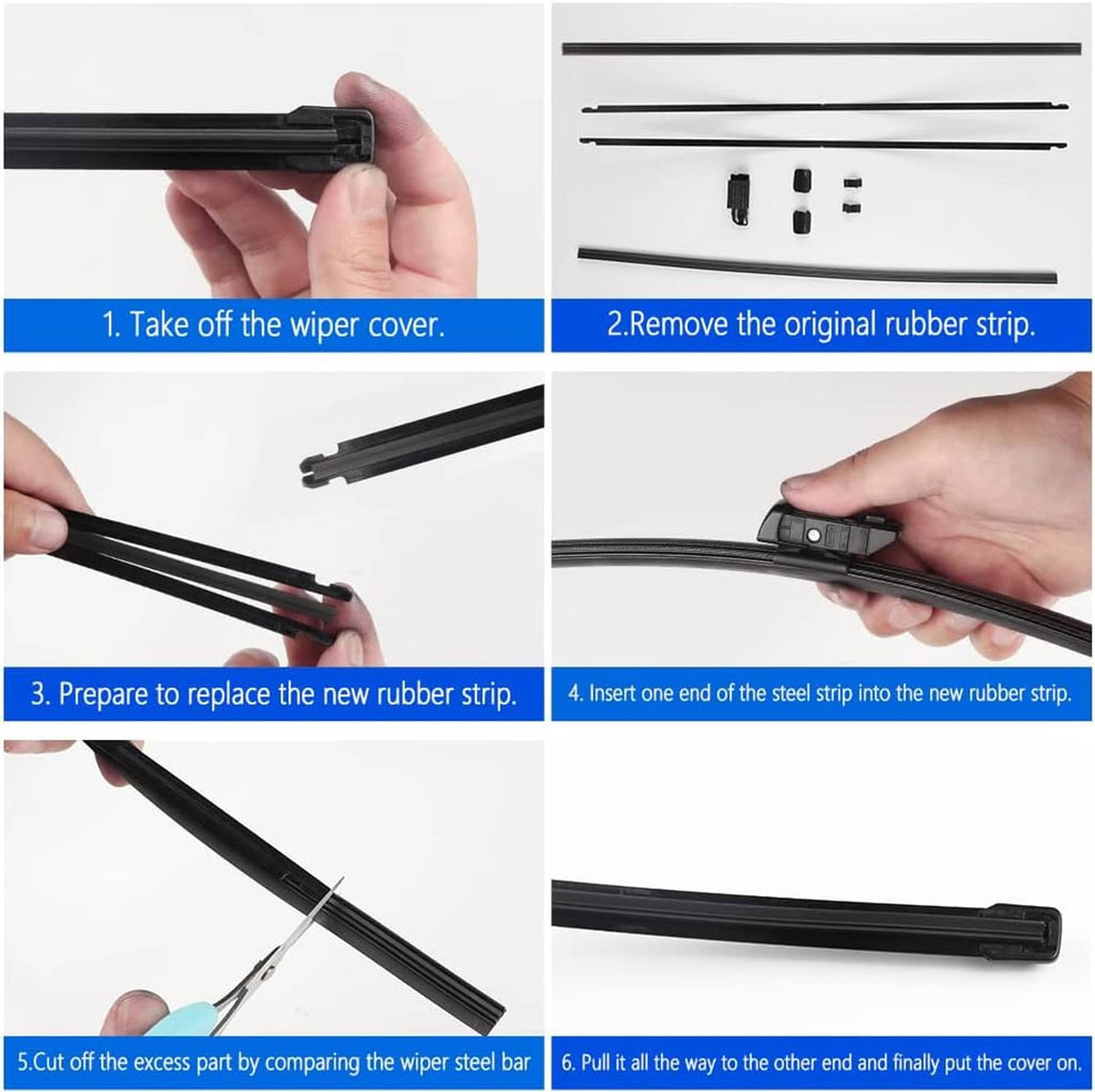 Black wiper blade strip installation sequence with hands and trimming tool