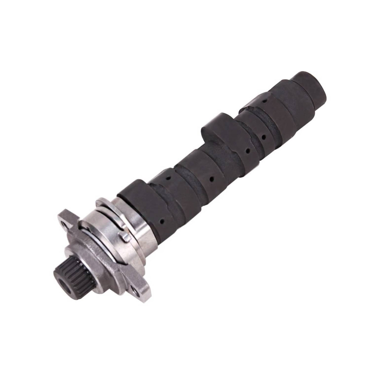 ATV camshaft component with black shaft sections and gear end