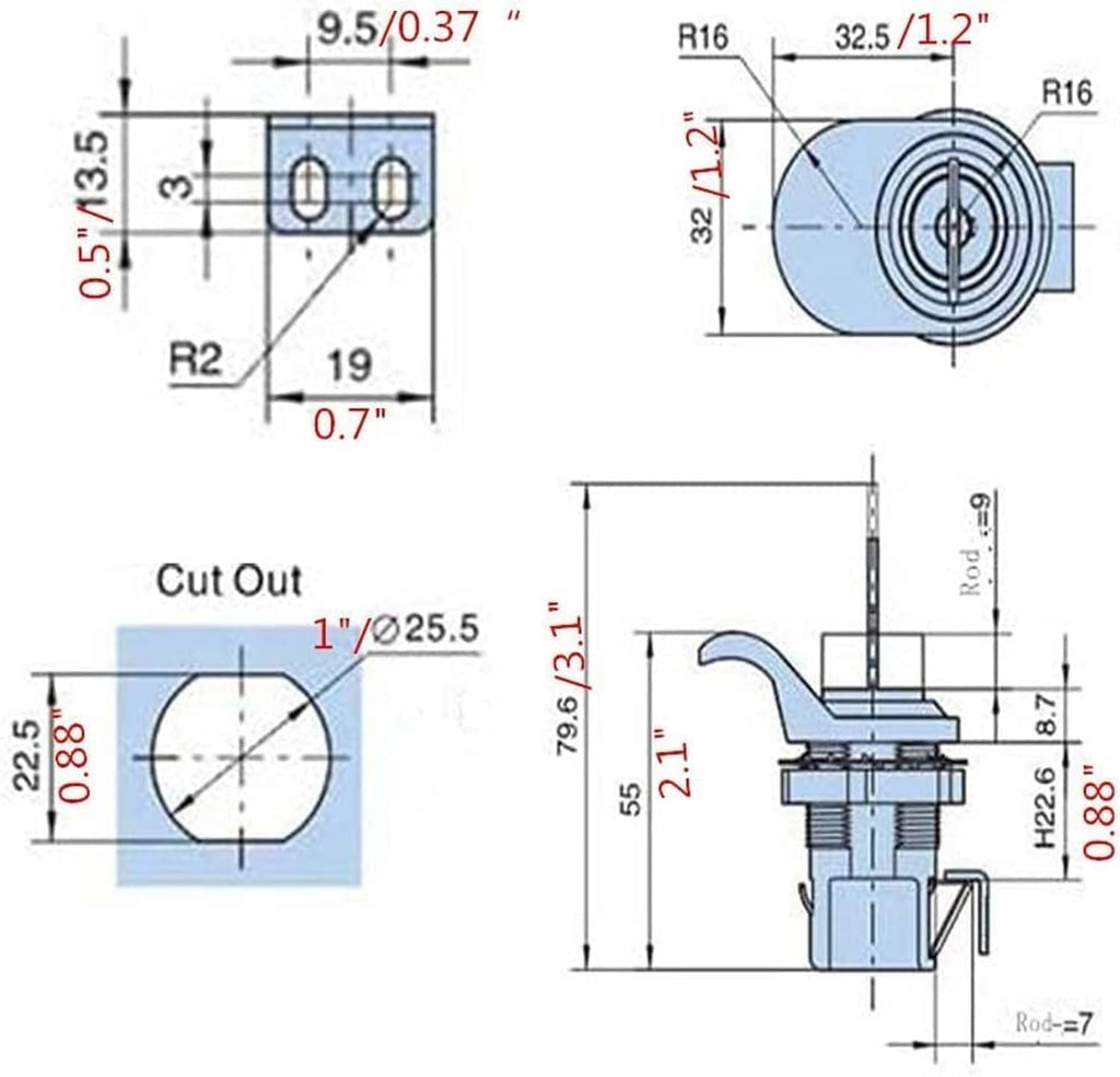 Glove box latch lock dimensions and cut-out diagram with circle measurements