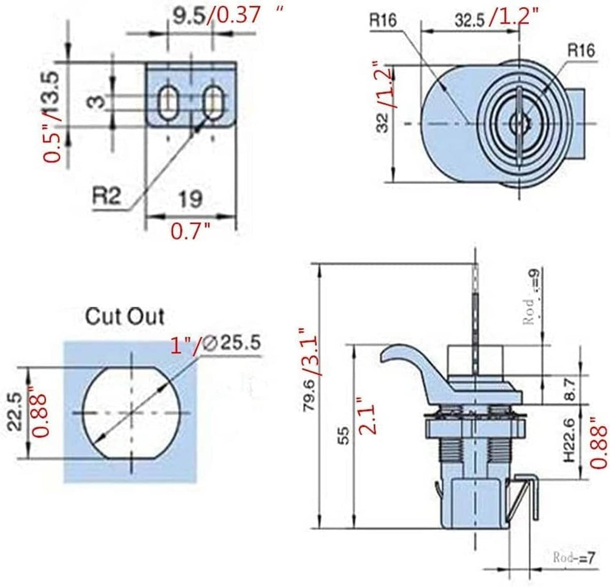 Glove box latch lock dimensions and cut-out diagram with circle measurements