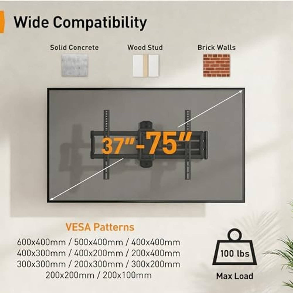 Corner TV wall mount bracket with VESA compatibility markings and loading indicator