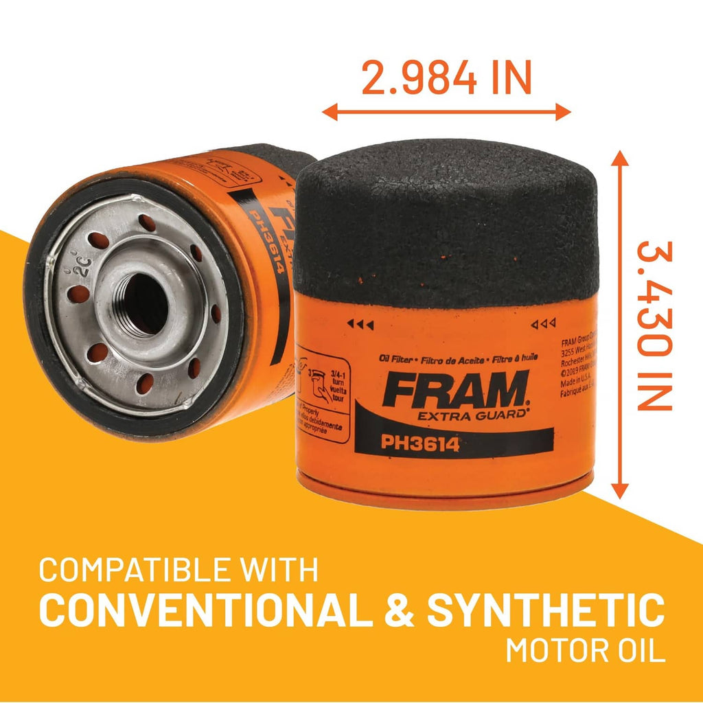 FRAM Extra Guard oil filter PH3614 with 3.4 in height and 2.984 in width