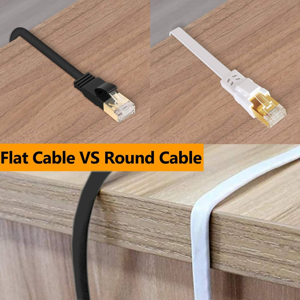 Flat and round Ethernet cables with RJ45 connectors on a wood surface