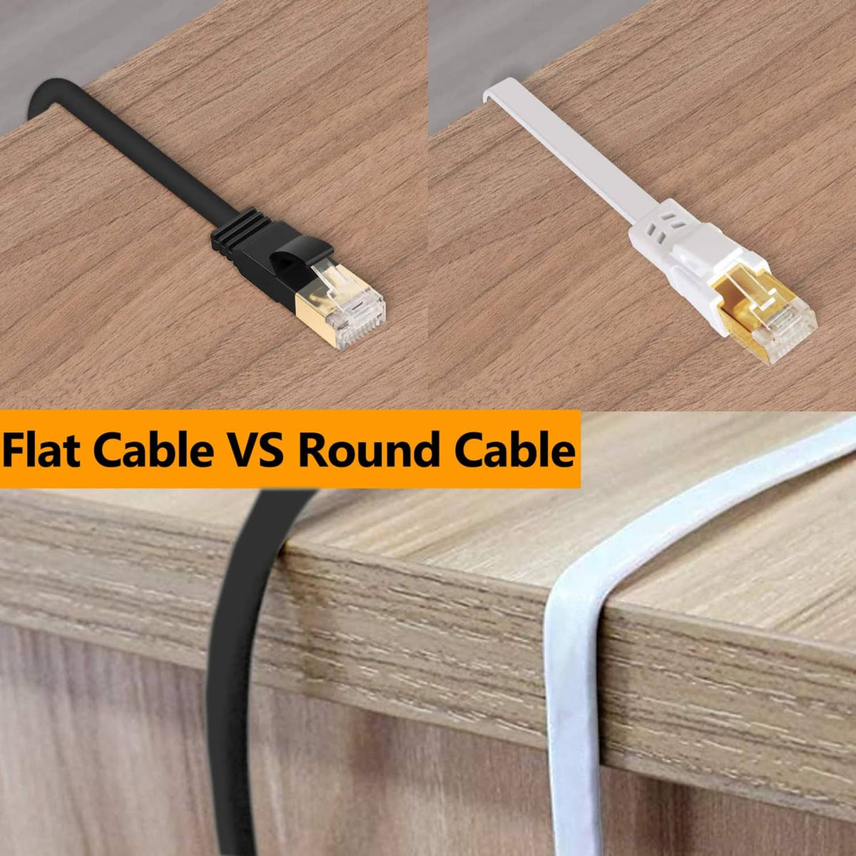 Flat and round Ethernet cables with RJ45 connectors on a wood surface