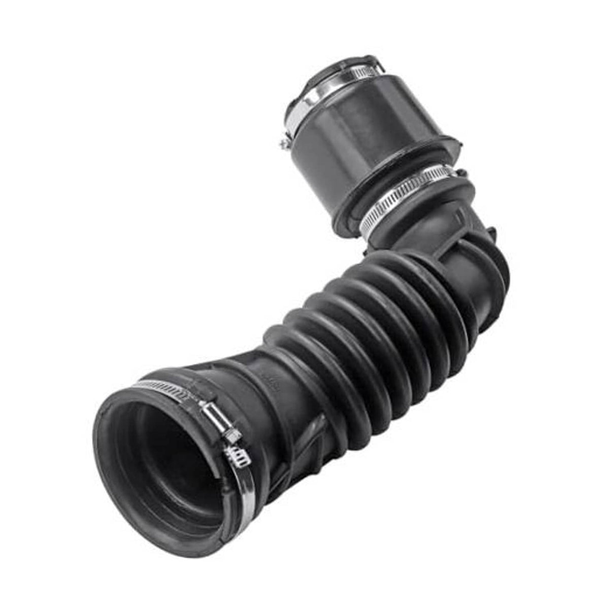 Air intake hose assembly with ribbed black rubber section and two metal band clamps