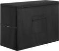 Black chest freezer cover with front zip and side strap, with storage pocket panel.