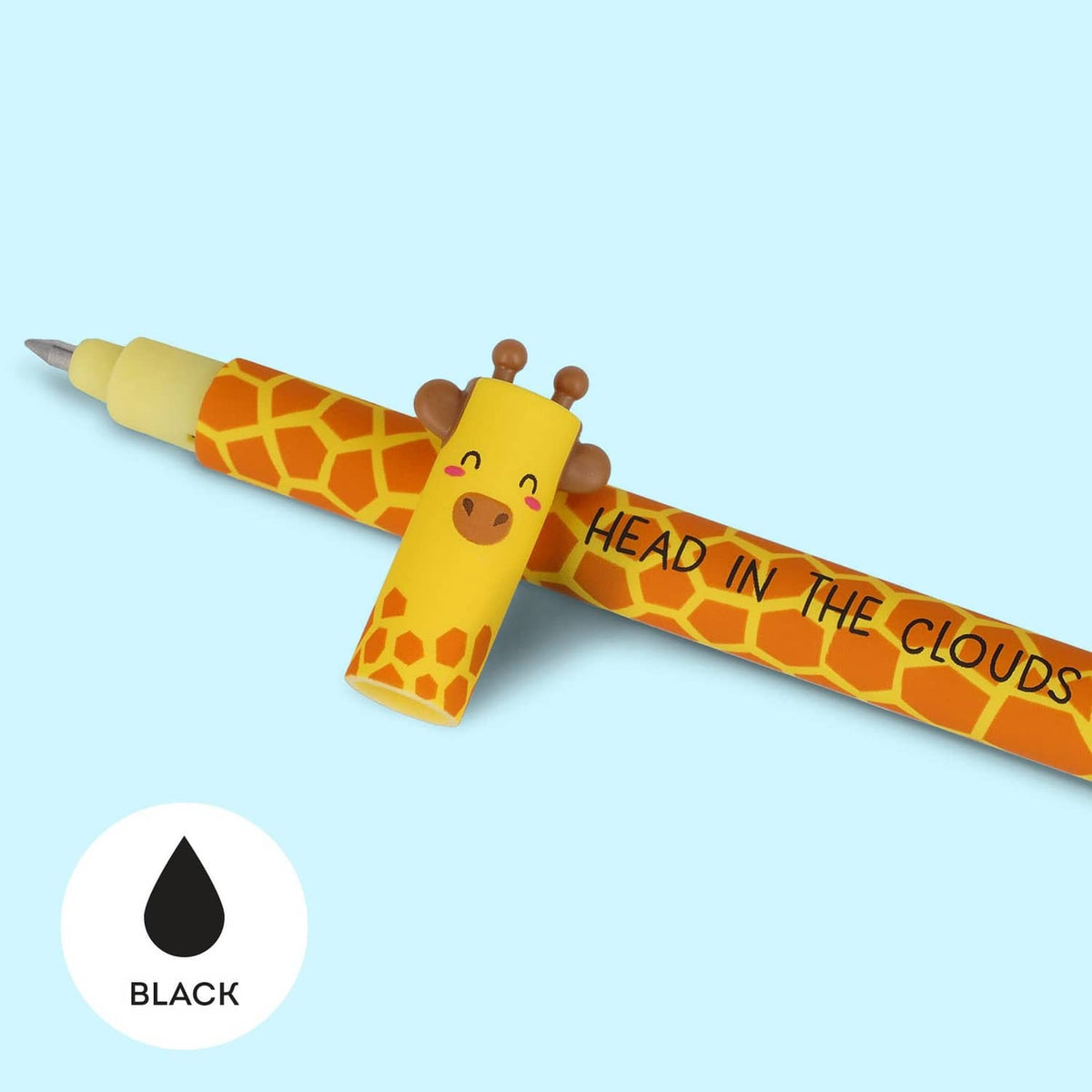 Giraffe-pattern erasable gel pen in yellow, labeled for black ink heat-sensitive writing