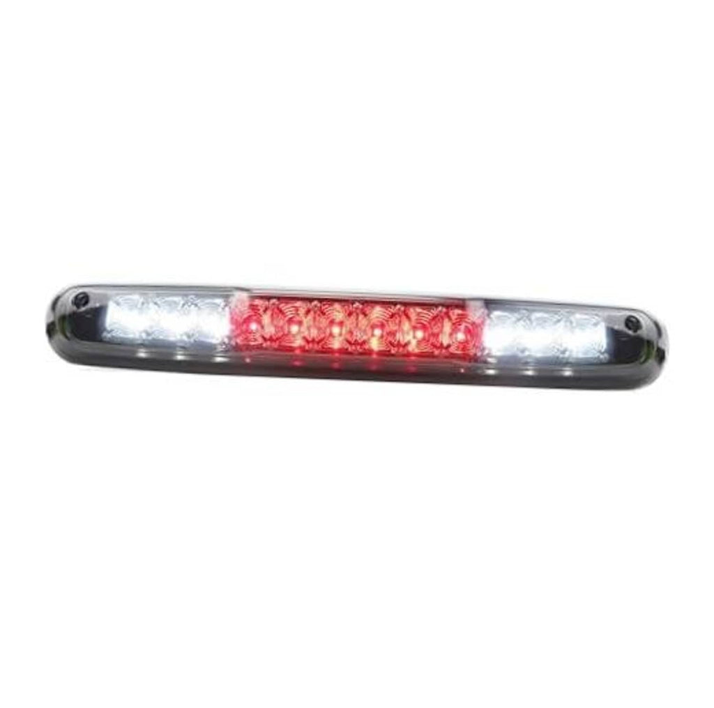 Third brake light with chrome housing and smoked lens, red LED strip centered.