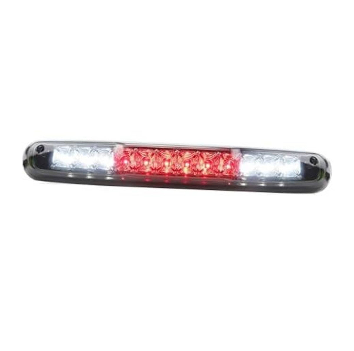 Third brake light with chrome housing and smoked lens, red LED strip centered.