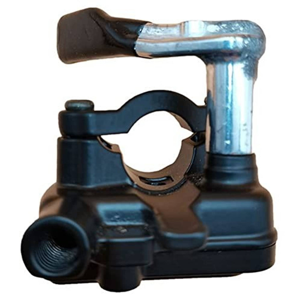 Thumb throttle with black lever, curved rubber grip, and chrome metal mounting stem
