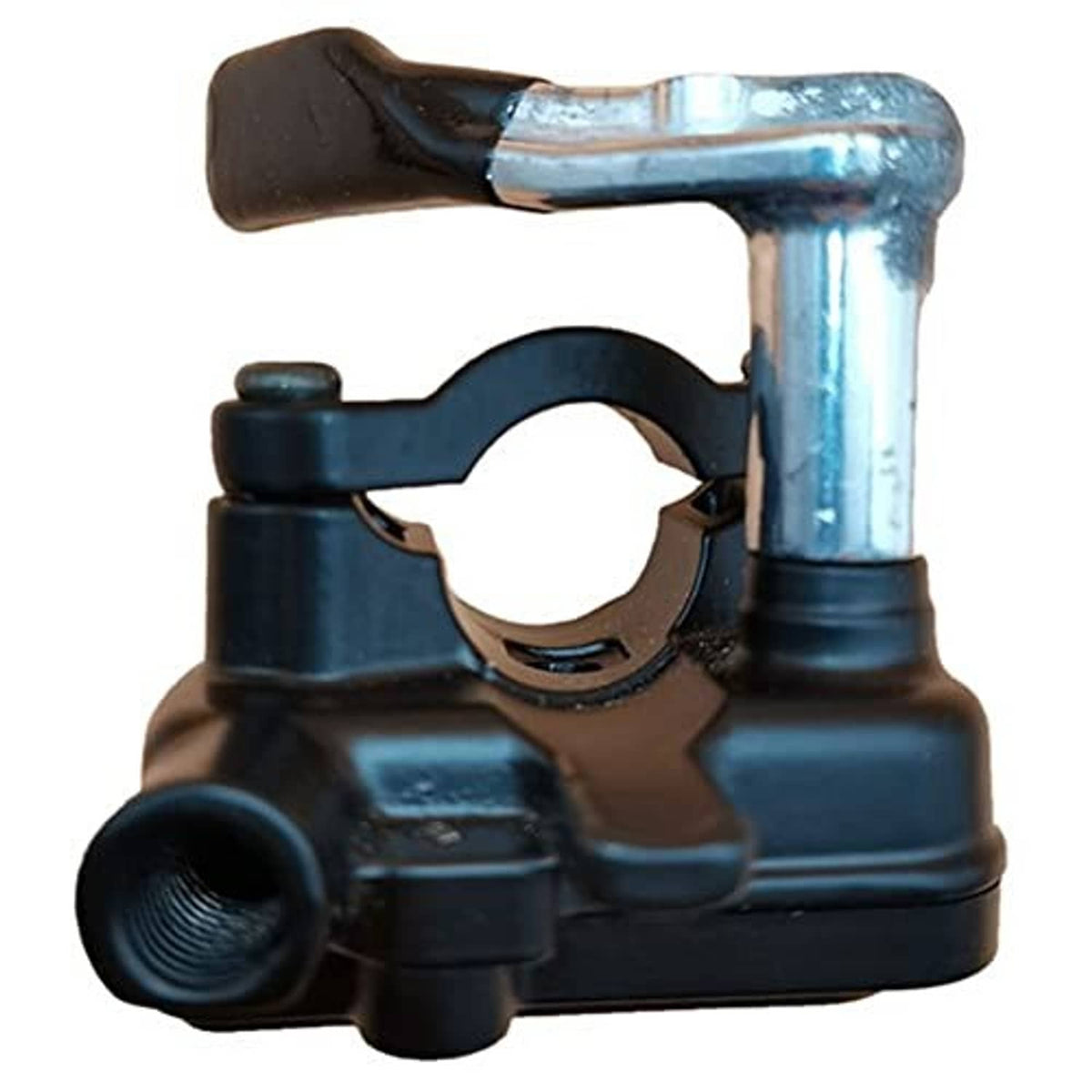 Thumb throttle with black lever, curved rubber grip, and chrome metal mounting stem