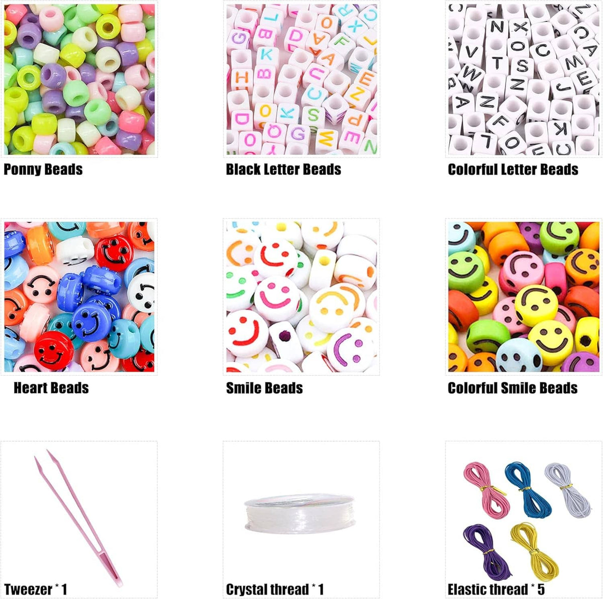 Assorted pony beads and letter beads, plus small tweezers and crystal thread spool