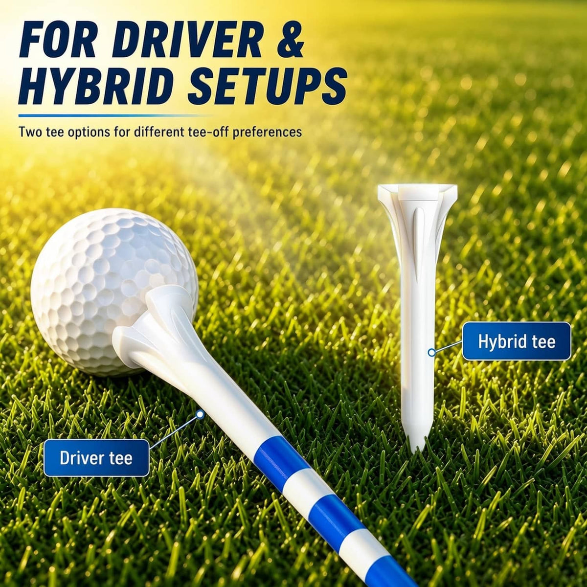 Plastic 3-prong golf tee and shorter hybrid tee options, white with blue stripe