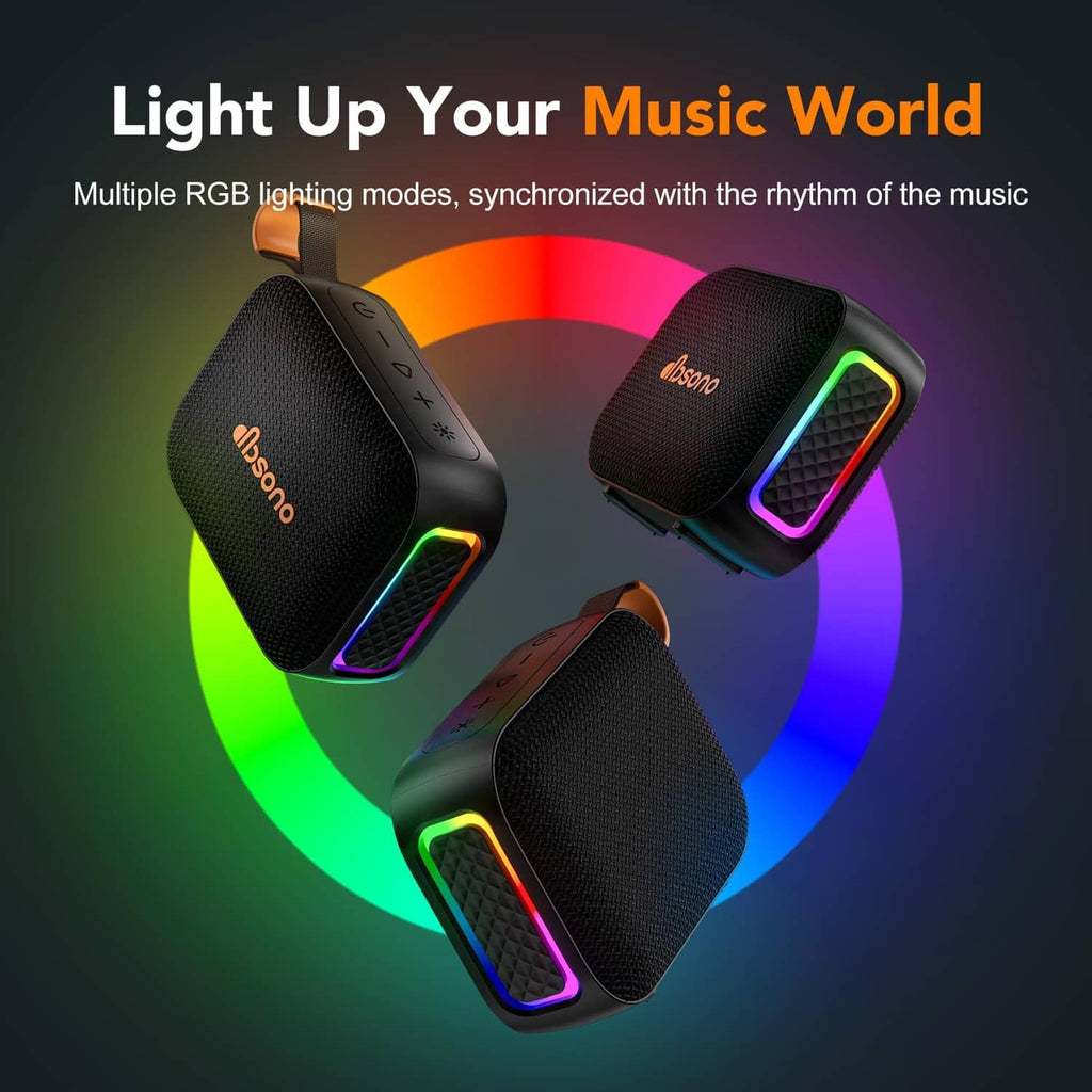 Portable Bluetooth speaker with RGB light accents, black mesh and orange rim