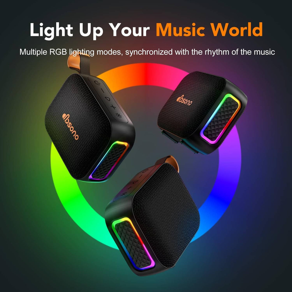 Portable Bluetooth speaker with RGB light accents, black mesh and orange rim